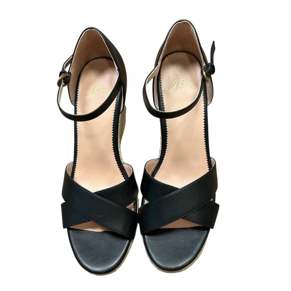 New Box J. crew black leather espadrille wedge size 10.5 open toe preppy an870 - Picture 3 of 6